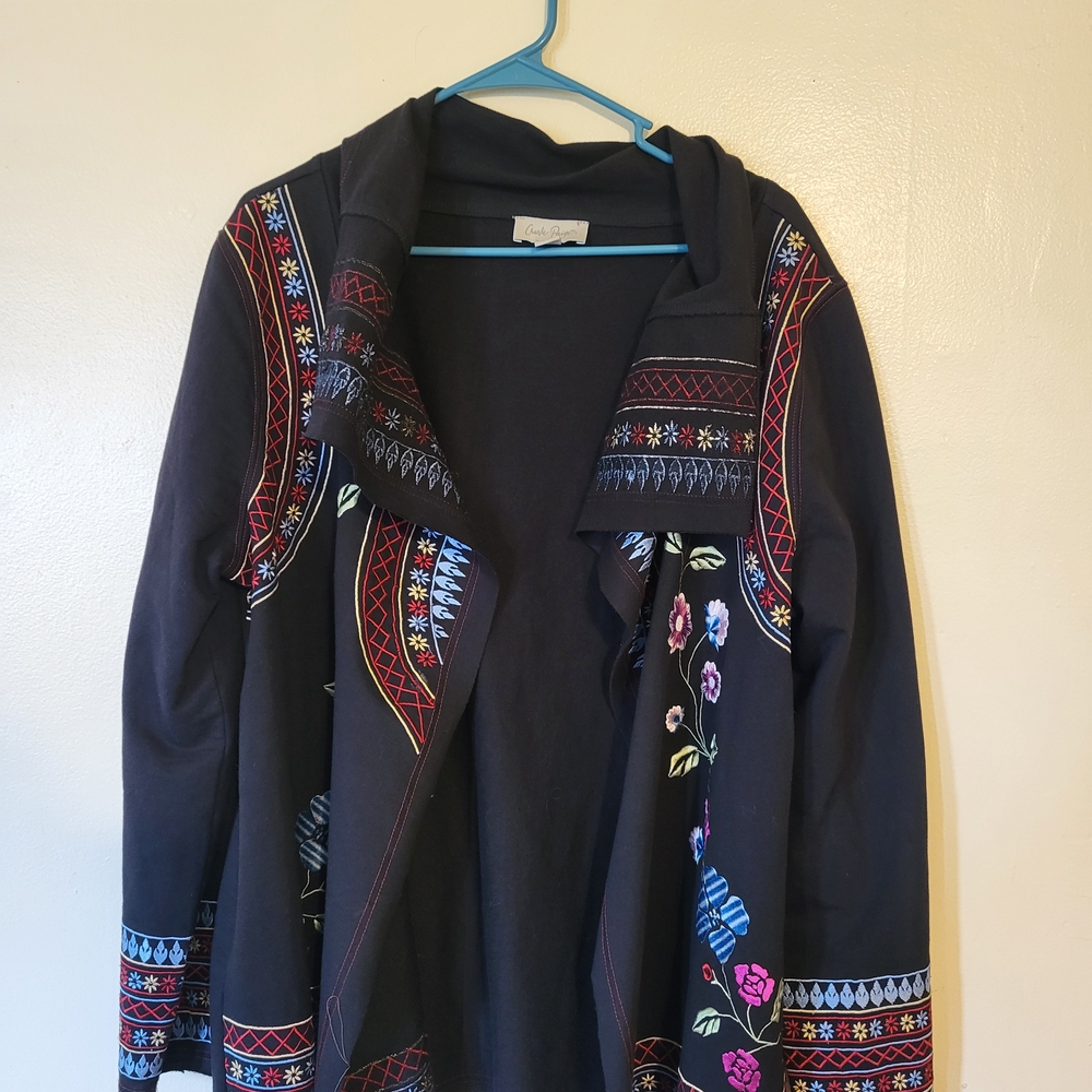 Charlie Paige Black Cardigan with Colorful Embroidery